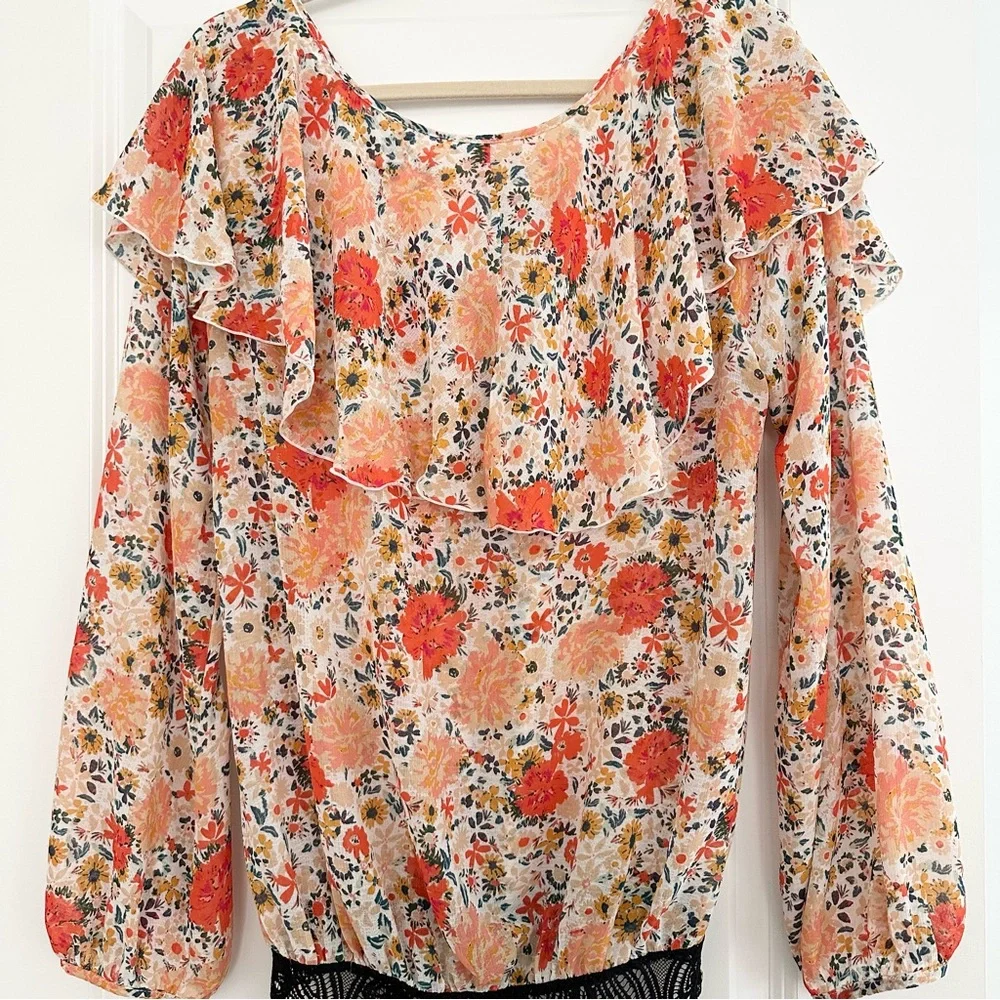 Free People Intimately Free Say It To Me Orange and Cream Bodysuit-Floral Blouse